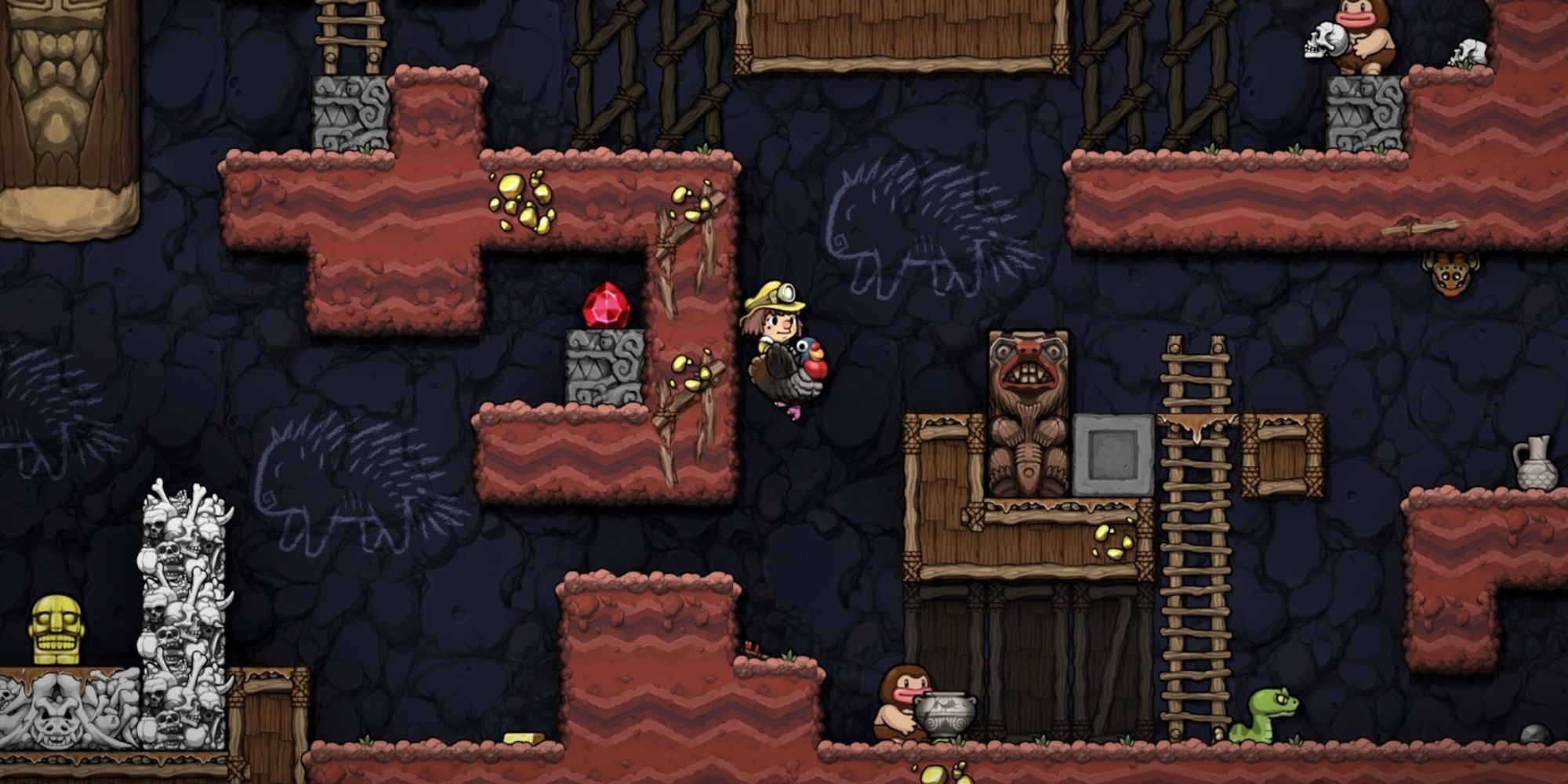 A player holding a bird in Spelunky 2