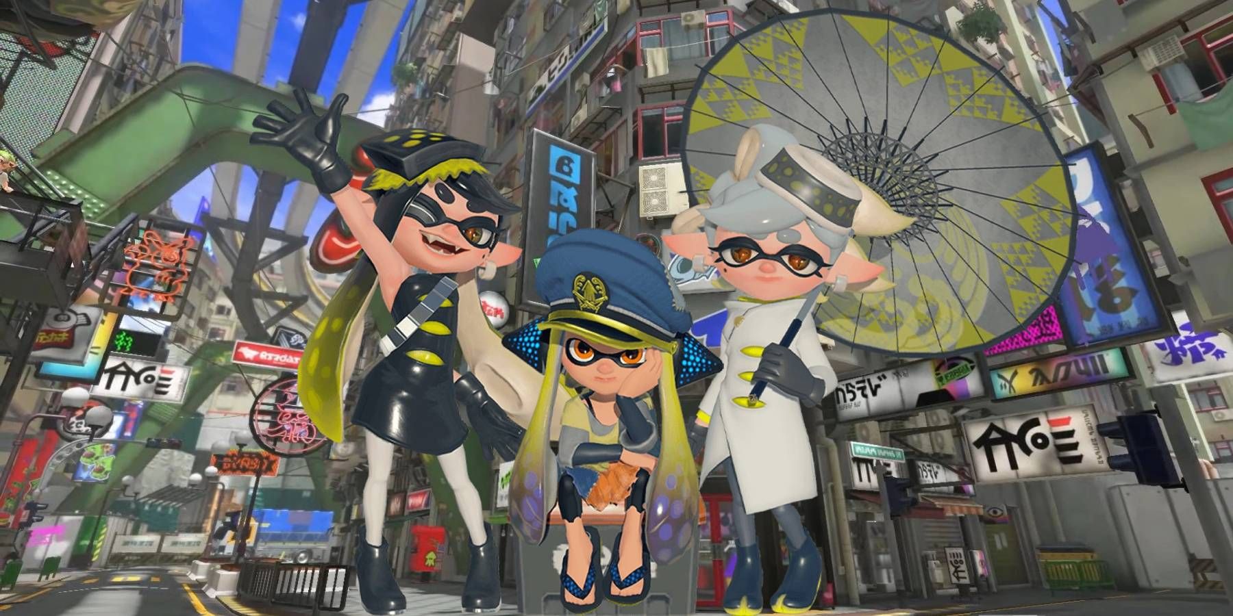 Agent 3 and the Squid Sisters in Splatsville from Splatoon 3
