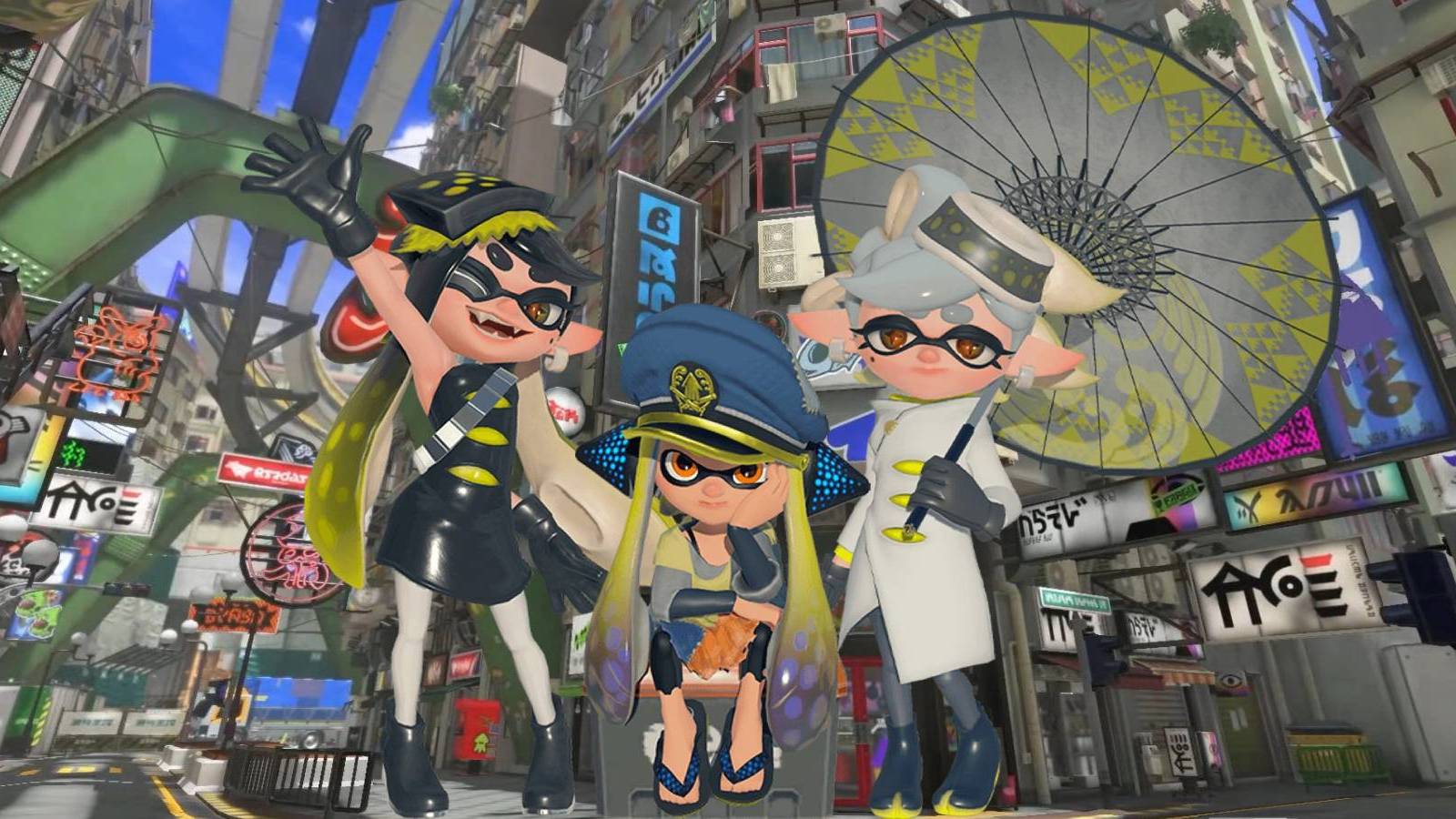 Agent 3 and the Squid Sisters in Splatsville from Splatoon 3