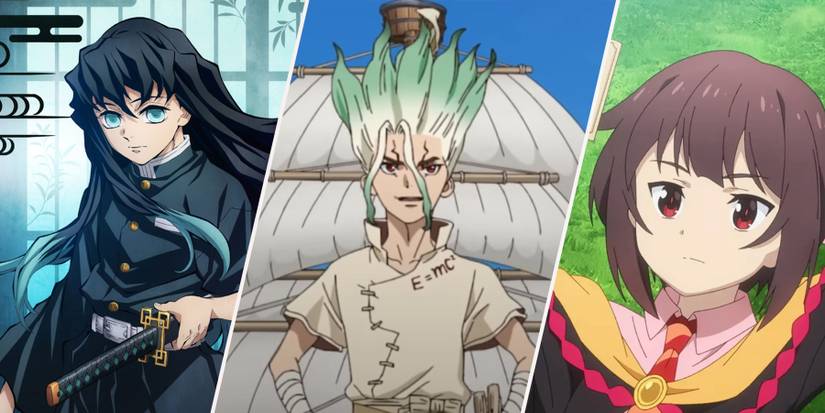 spring 2023 anime demon slayer, dr stone, konosuba