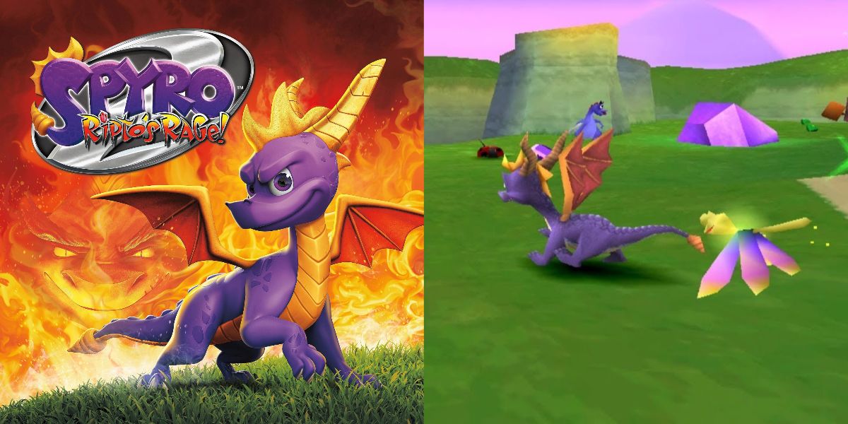 The cover art and gameplay of Spyro 2 Ripto's Rage