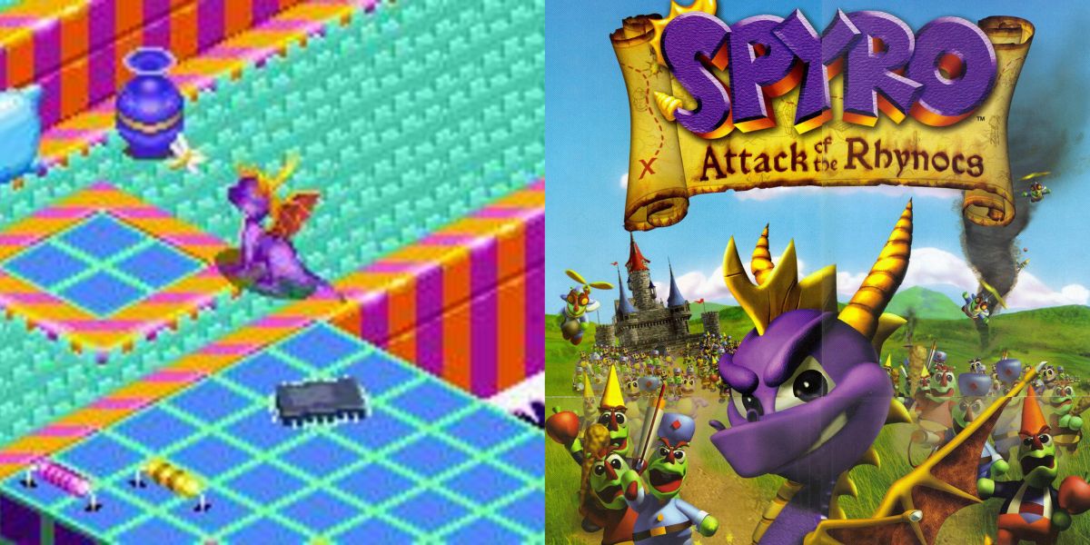 The cover art and gameplay of Spyro Attack of the Rhynocs