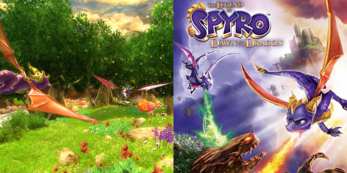 The cover art and gameplay of Spyro Dawn of the Dragon