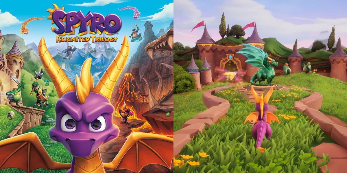The cover art and gameplay of Spyro the Reignited Trilogy