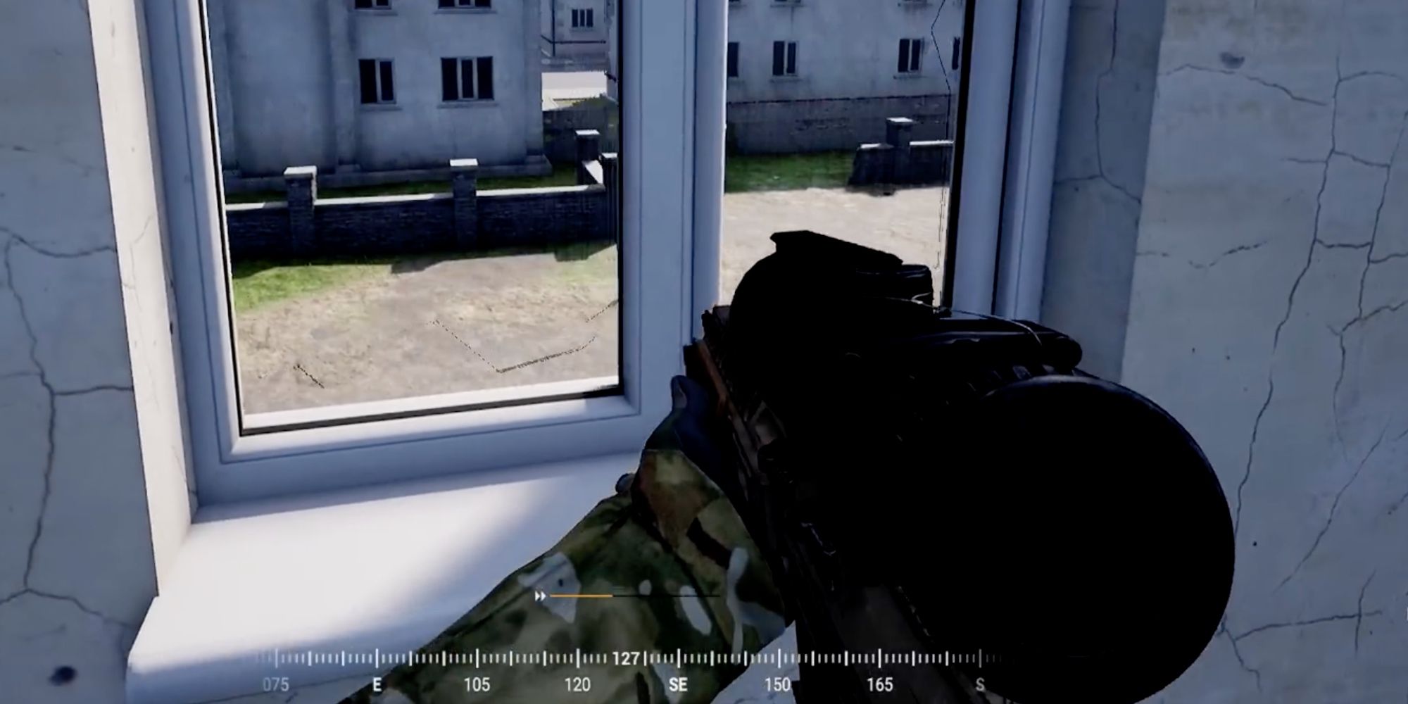 Player shoots an enemy using an L129A1 from inside a building to avoid taking damage