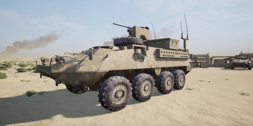 Player uses a rotating gun to fire at enemy units in an LAV III