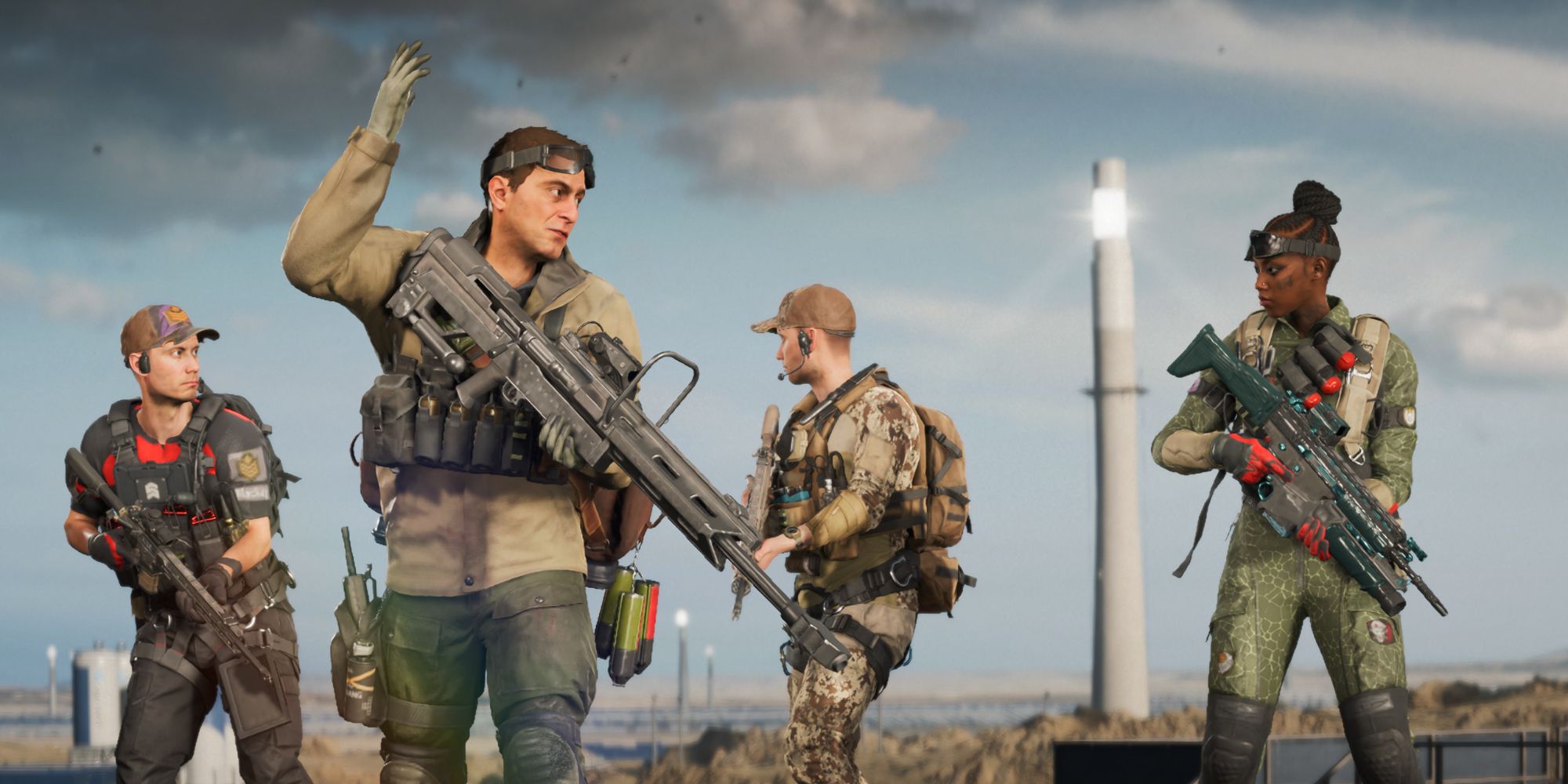 Image of 4 Battlefield 2042 characters in camouflage with guns. There is a cloudy sky and tower in the backgroun 