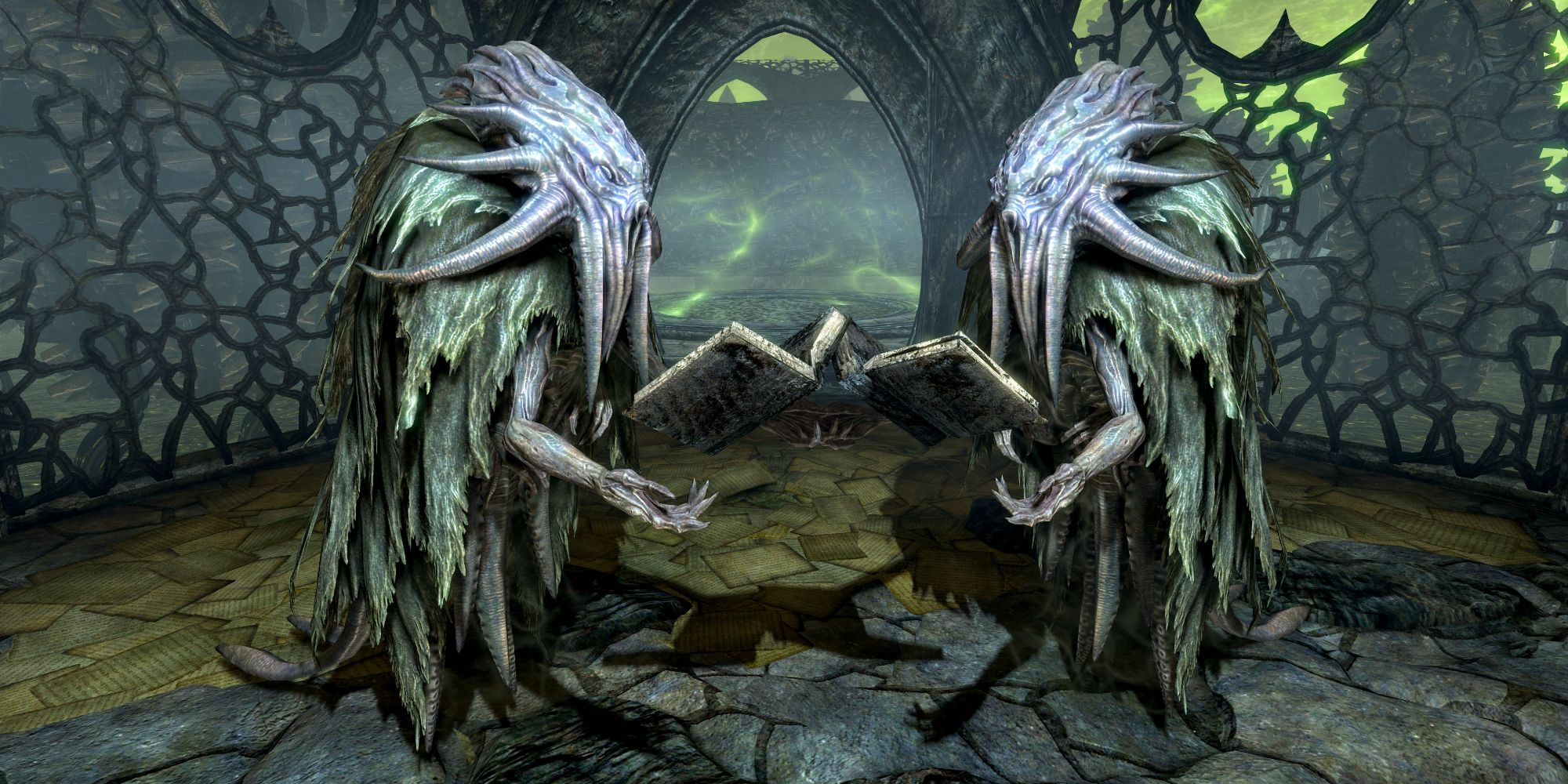 Skyrim two Seekers in Apocrypha reading