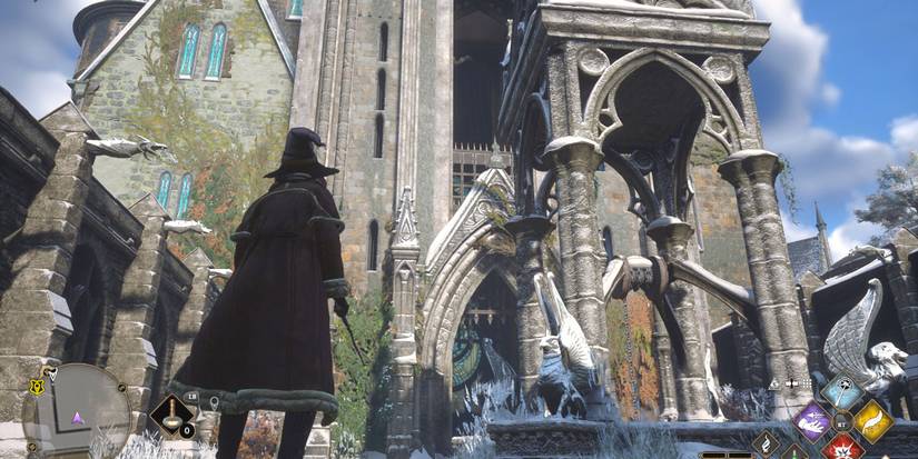 standing in front of the clock tower courtyard Hogwarts Legacy