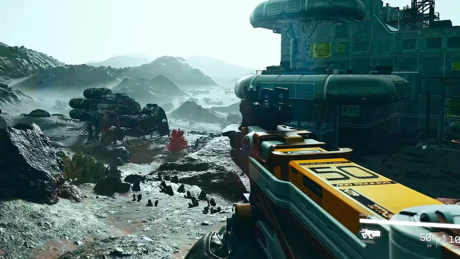 Image from Starfield showing the player approaching a base on a rocky planet.