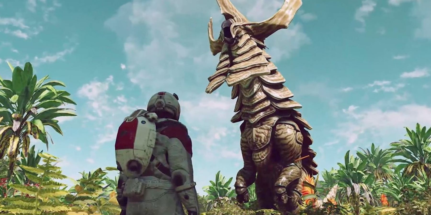 A large horned creature on a lush jungle planet looming over the Starfield protagonist