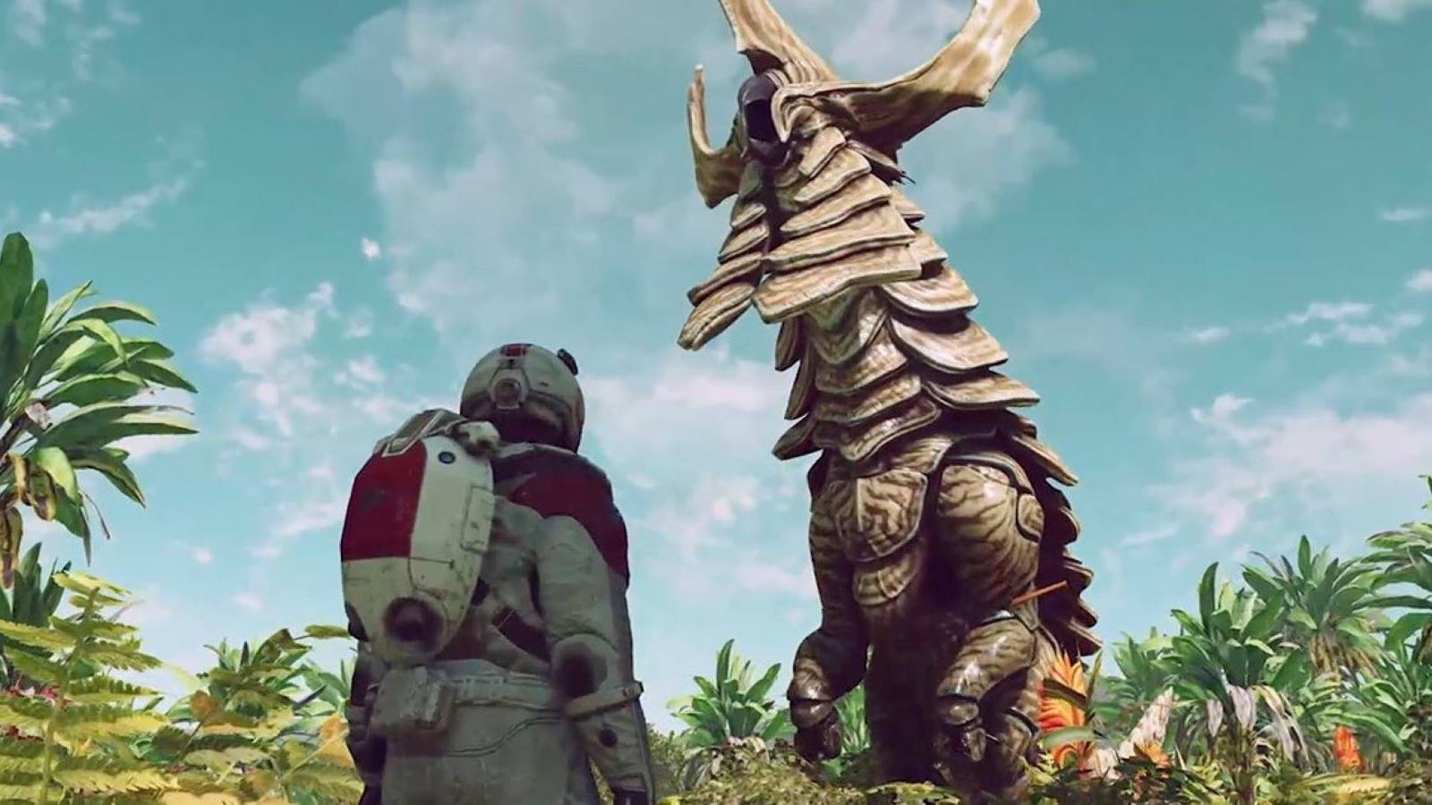 A large horned creature on a lush jungle planet looming over the Starfield protagonist