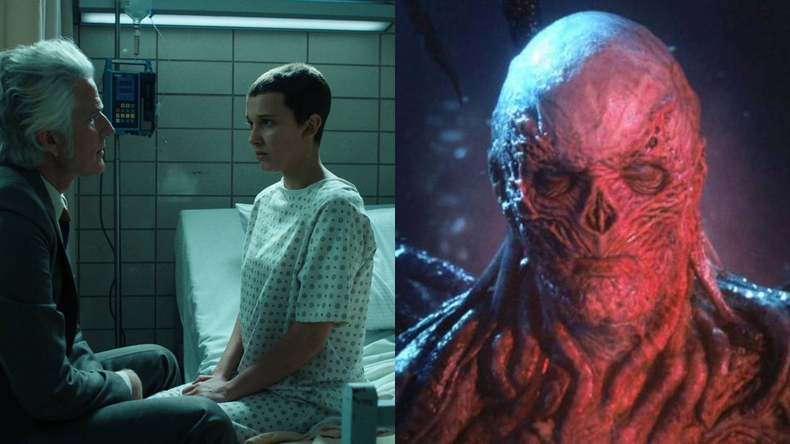 Split image of Dr. Martin Brenner talking to Eleven and Vecna from Stranger Things