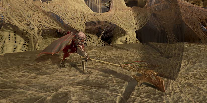 Wielding the Sunset Halberd in Code Vein.