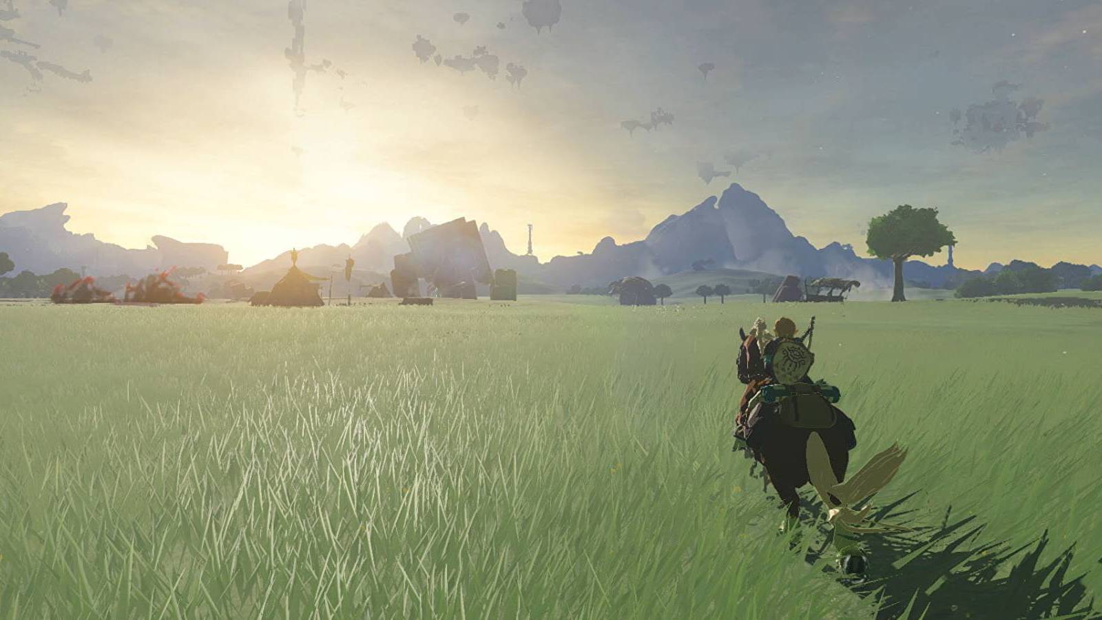 Link riding a horse into the sunset in Tears of the Kingdom