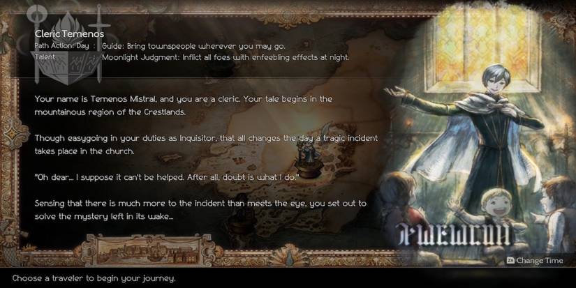 Temenos’s character bio in Octopath Traveler 2
