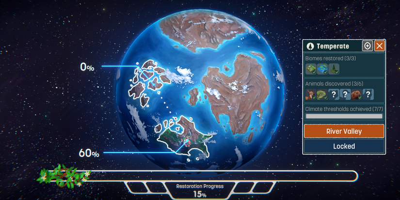 The world map screen in Terra Nil