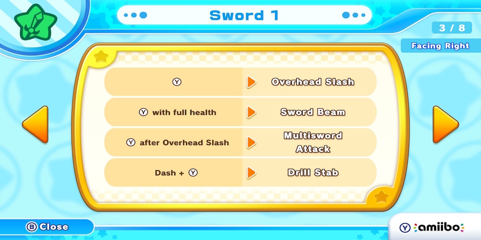 The ability move menu in Kirby's Return to Dream Land Deluxe