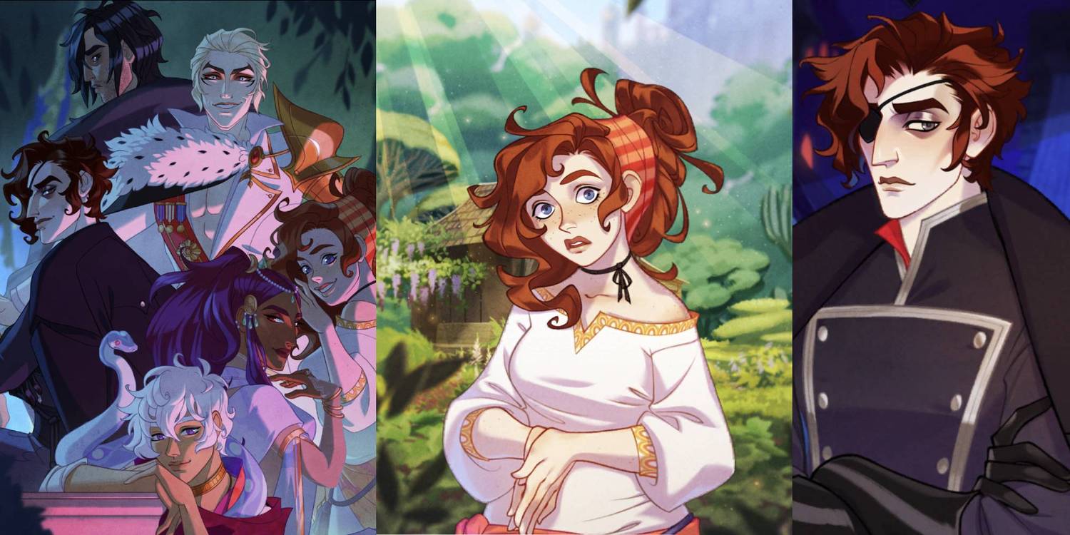 Collage of the main characters in The Arcana, plus individual portraits of Portia and Julian