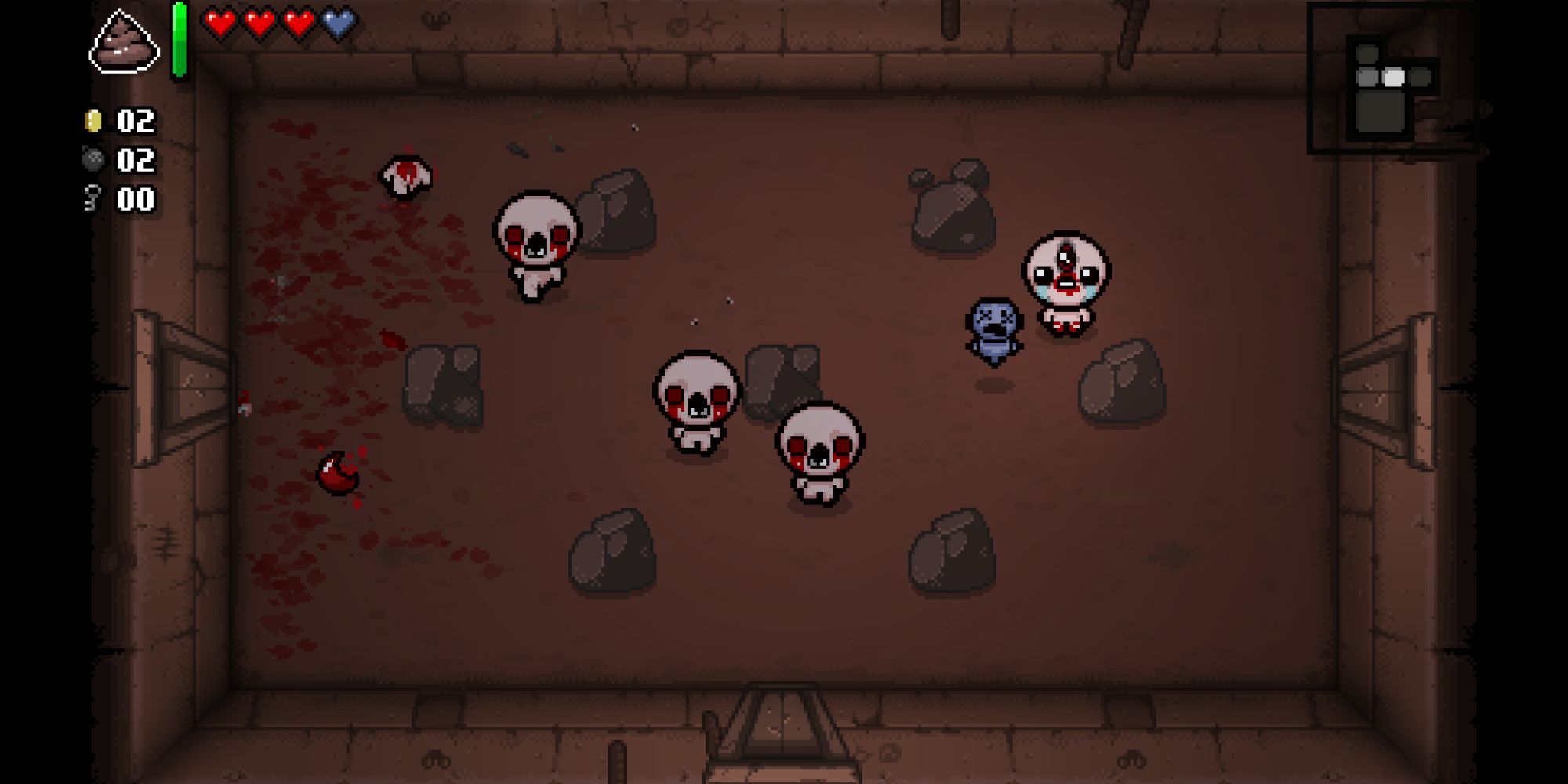A player in a room with four enemies in The Binding of Isaac: Rebirth