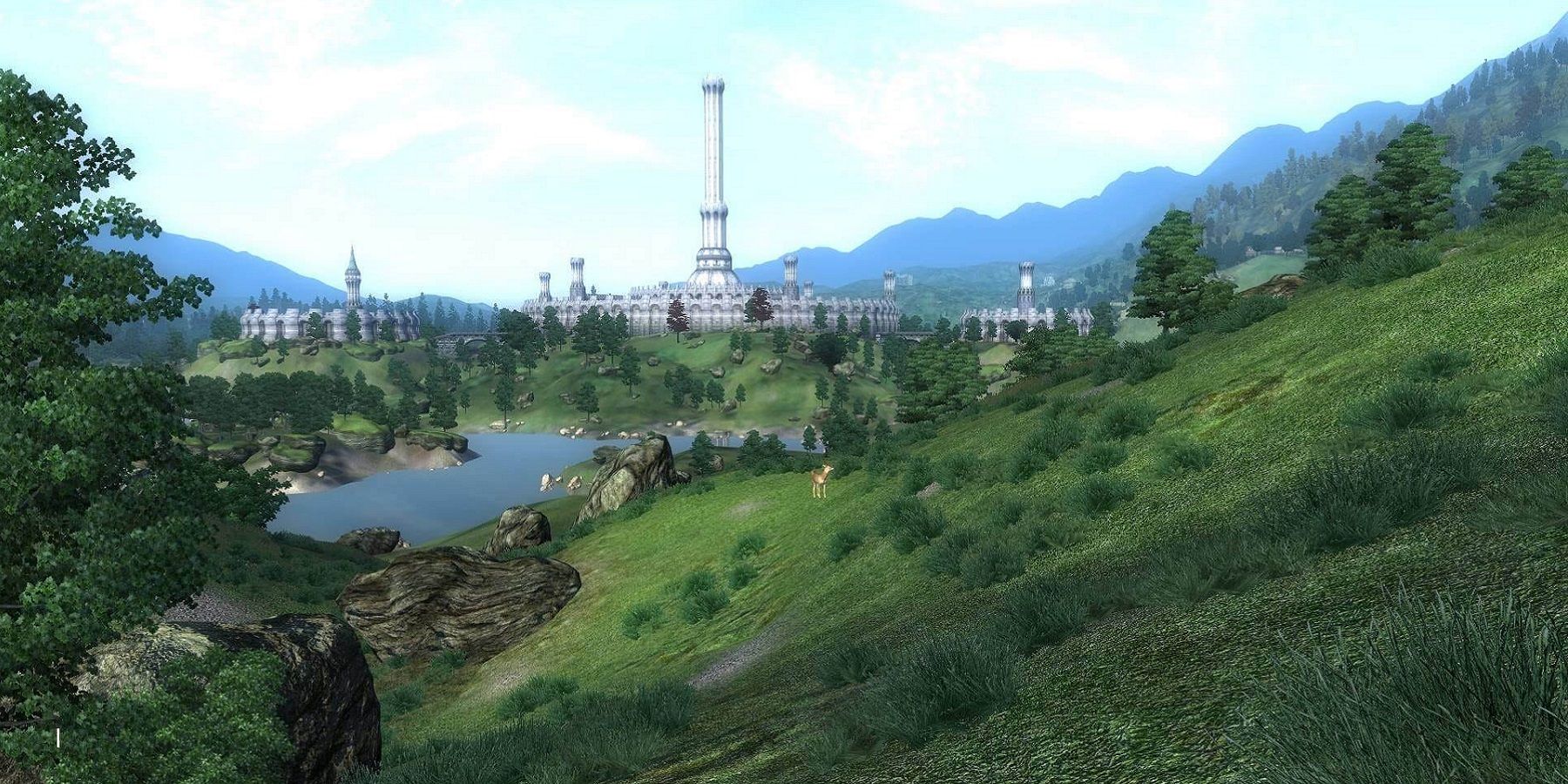 Screenshot from The Elder Scrolls 4: Oblivion showing the Imperial City's White-Gold Tower in the distance.