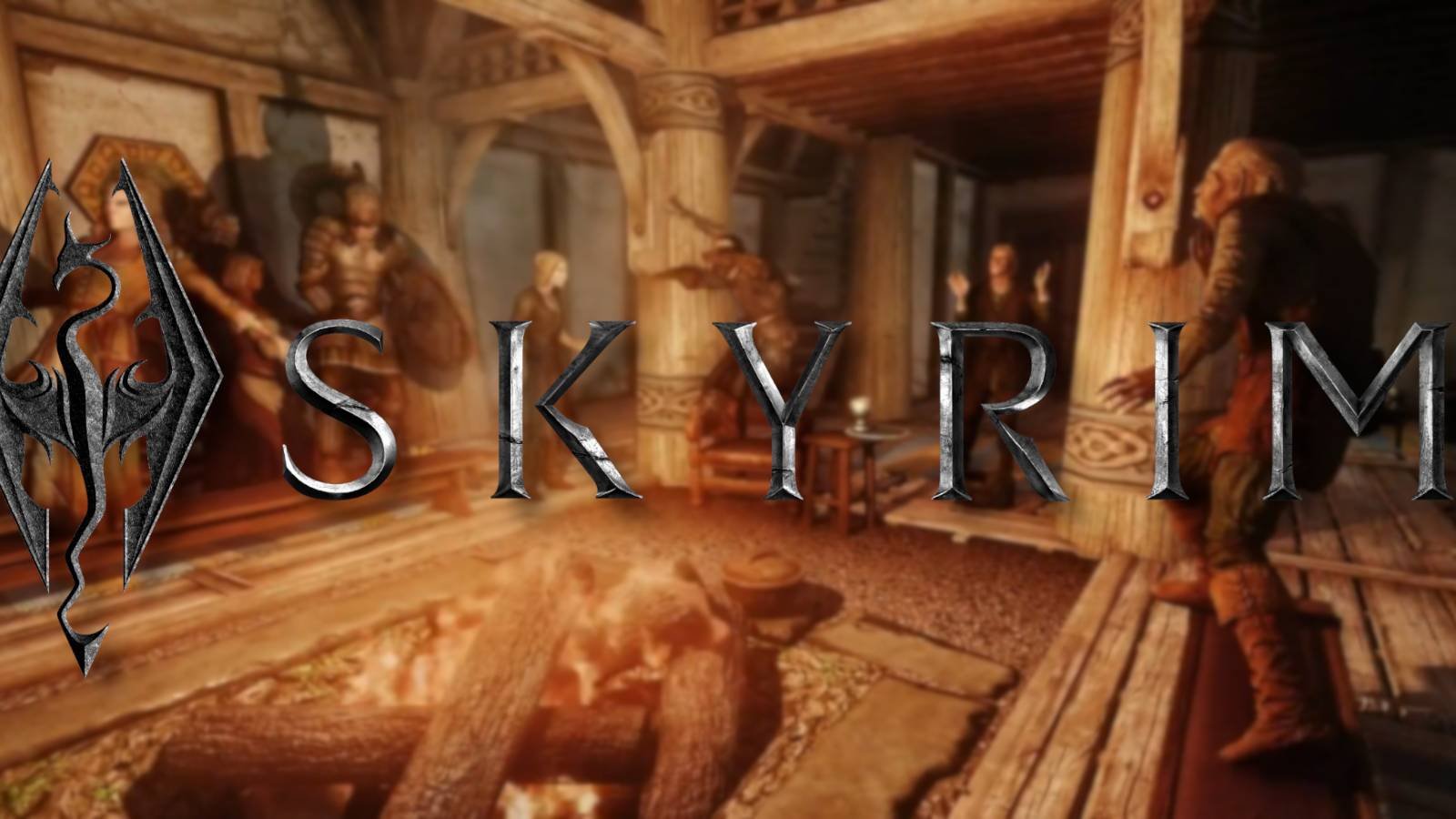 The skyrim logo with NPCs dancing in the background.