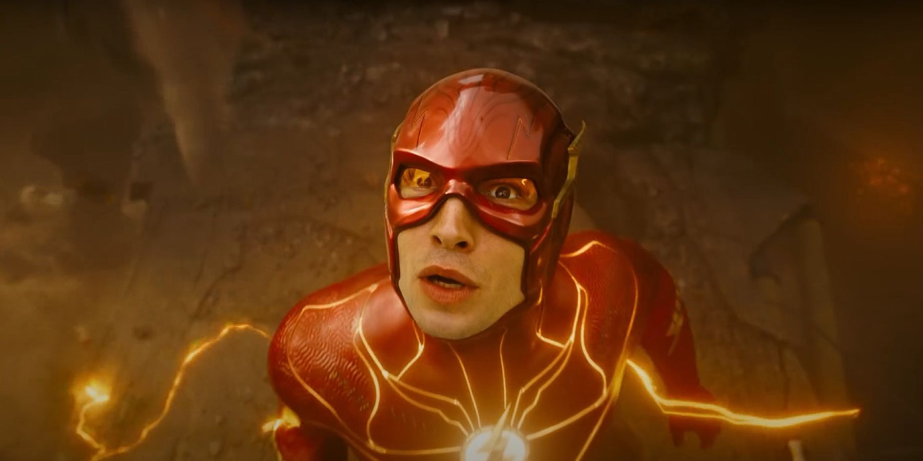 Ezra Miller as The Flash surprised with lighting bolts coming out of suit