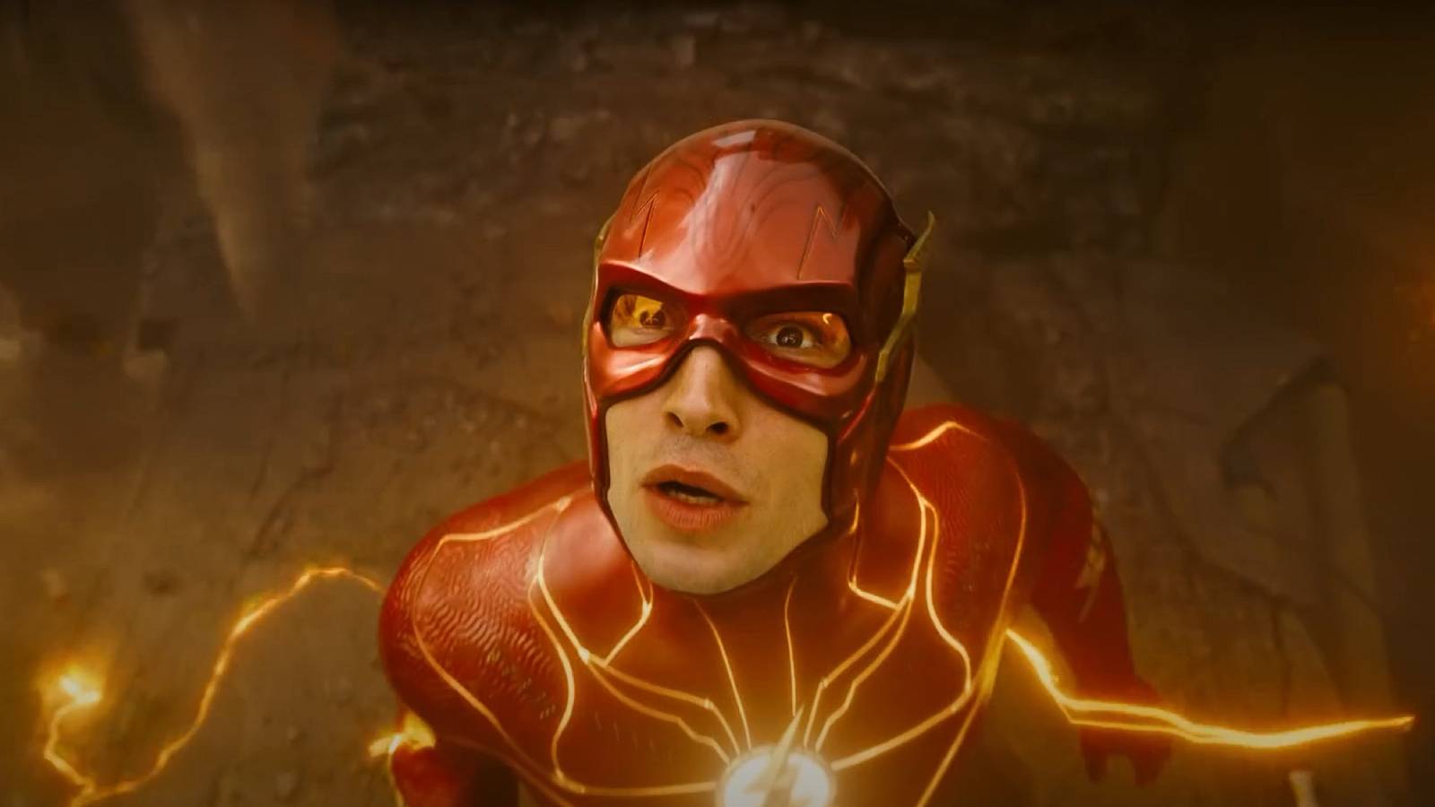Ezra Miller as The Flash surprised with lighting bolts coming out of suit