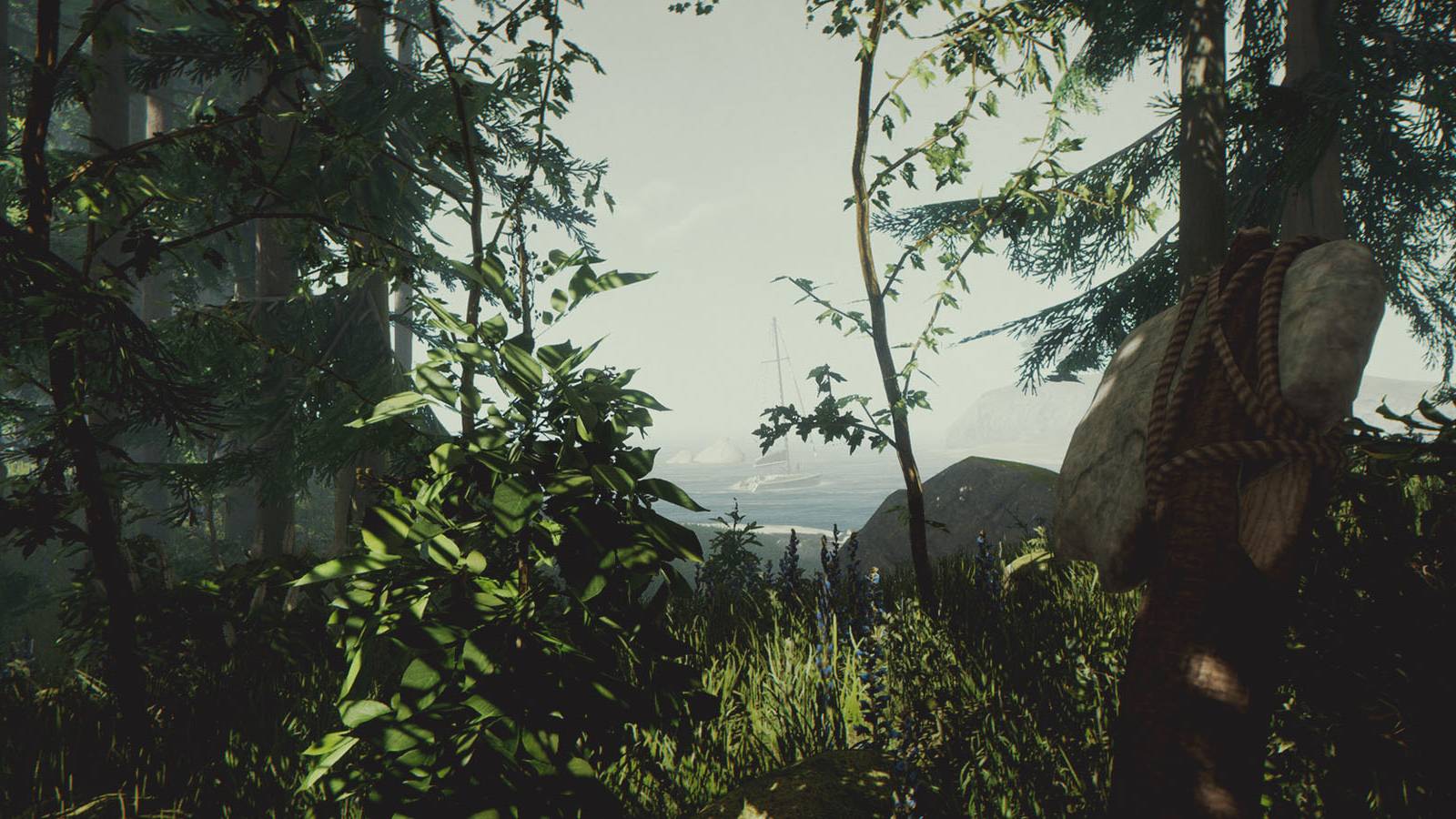 The Forest screenshot stone axe distant boat