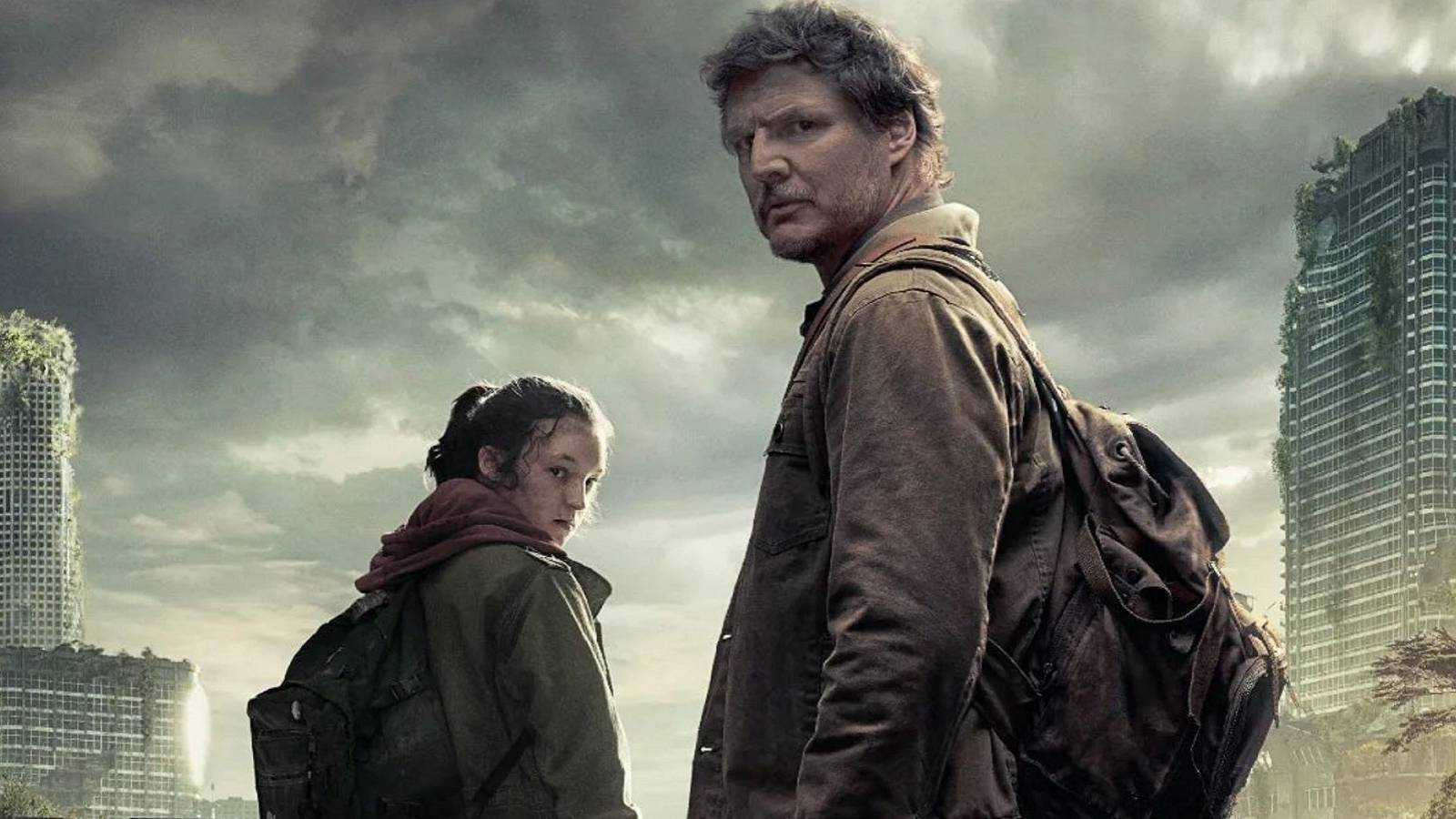 Image from the HBO adaptation of The last of Us showing Joel and Ellie looking back over their shoulders.