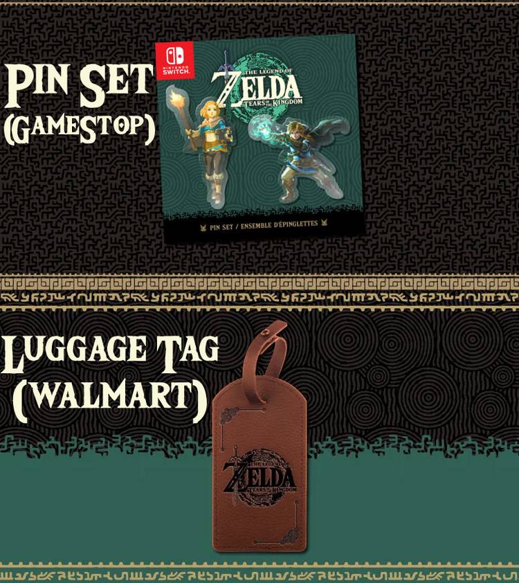 The Legend of Zelda Tears of the Kingdom Pin Set Luggage Tag Walmart GameStop Canada pre-order bonuses