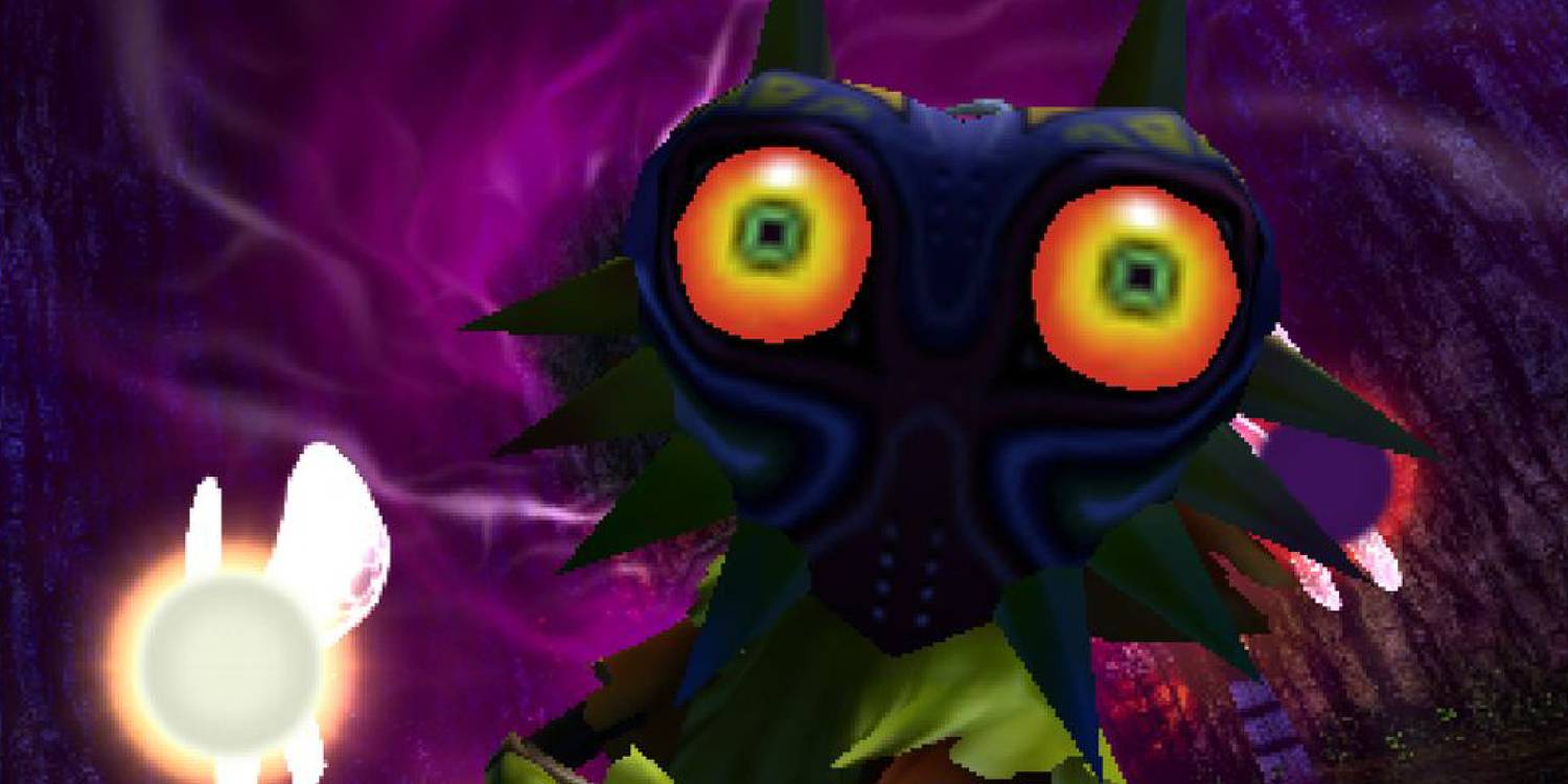 Skull kid wearing the titular mask, the sky behind him a swirling purple color. Two fairies flutter by his side.