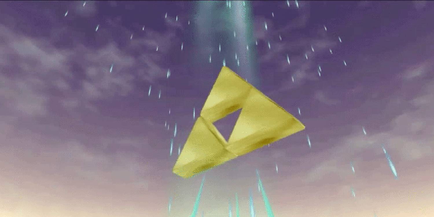The golden triforce floats in the air of blue sparks of energy rain down from the sky.