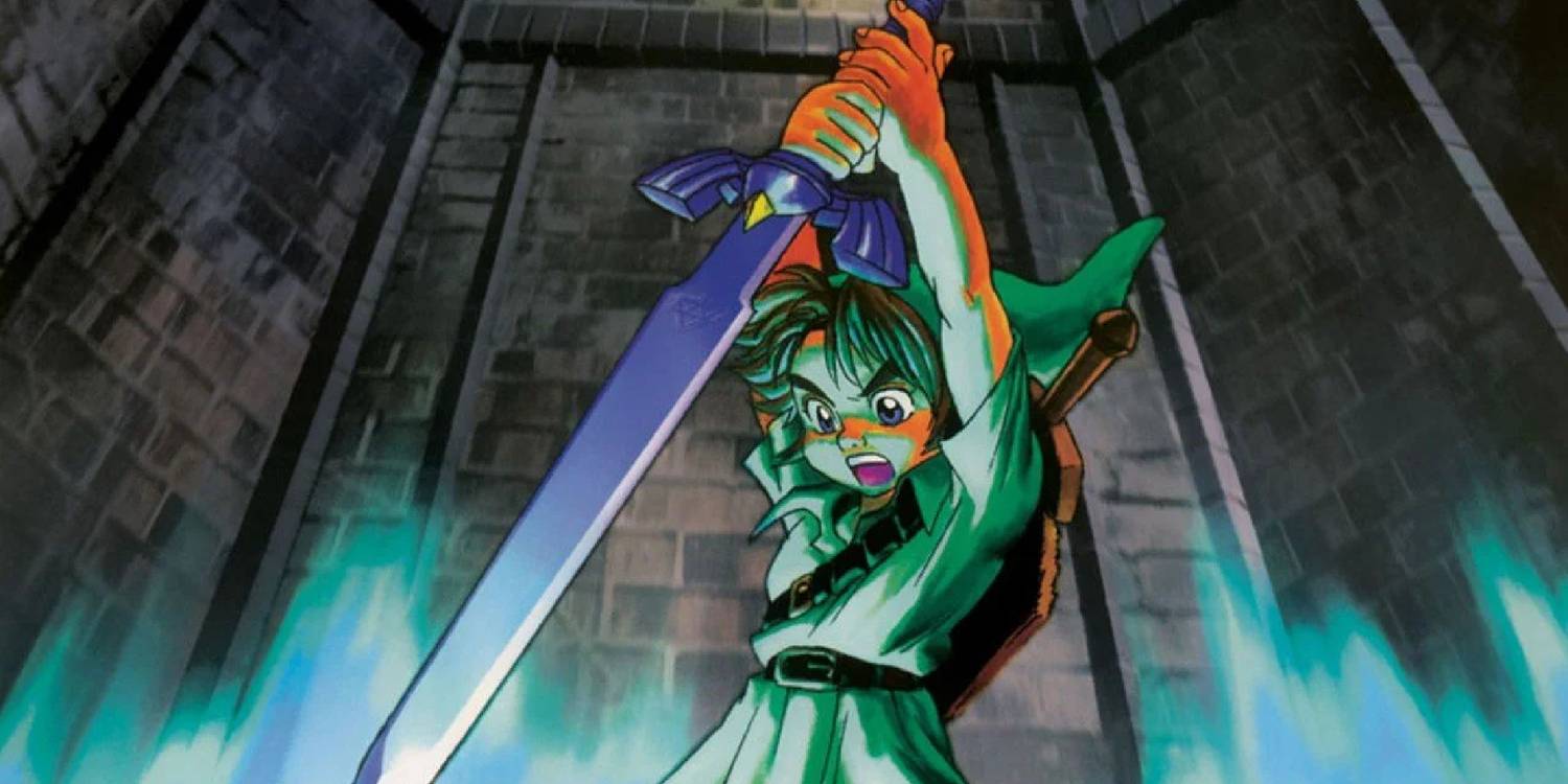 Young Link pulls out the Master Sword from its resting place in the Temple of Time