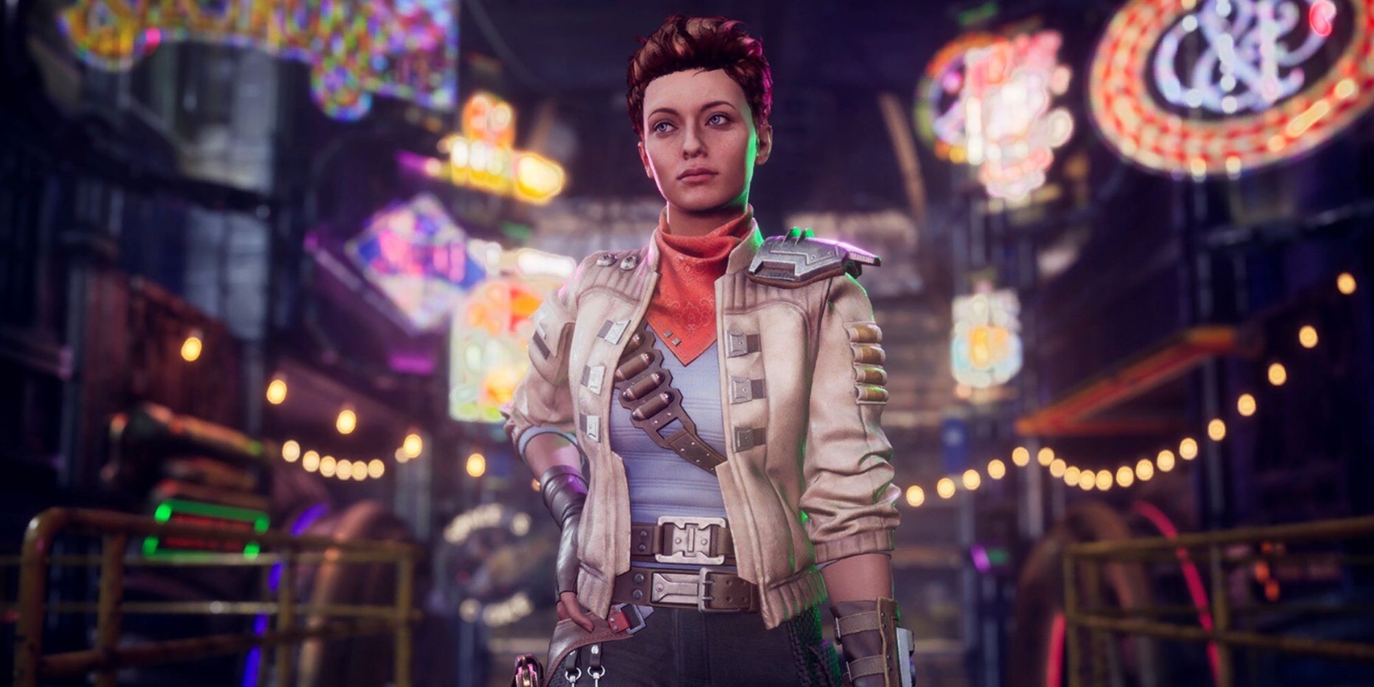 The Outer Worlds - Ellie Posing With The City Lights Blurred Behind Her-1