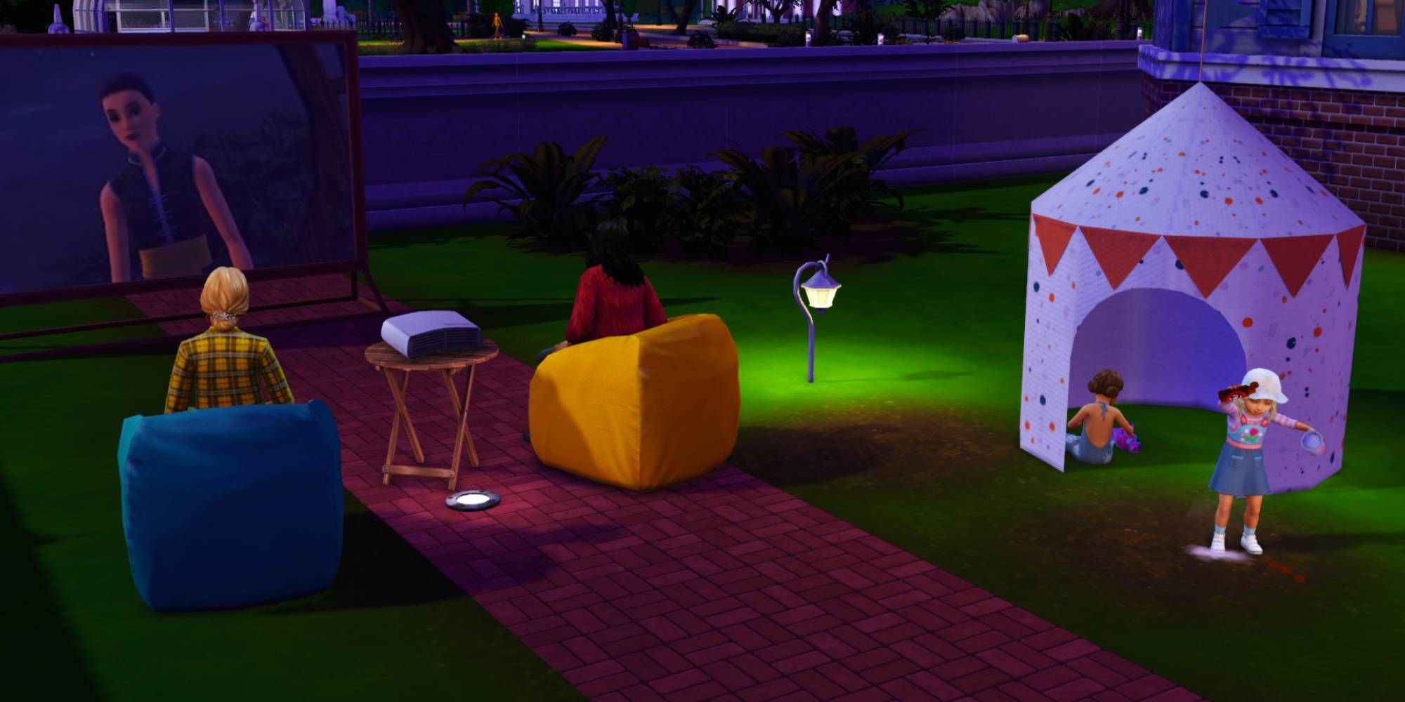 Sims enjoying watching a movie outdoors on a projector screen