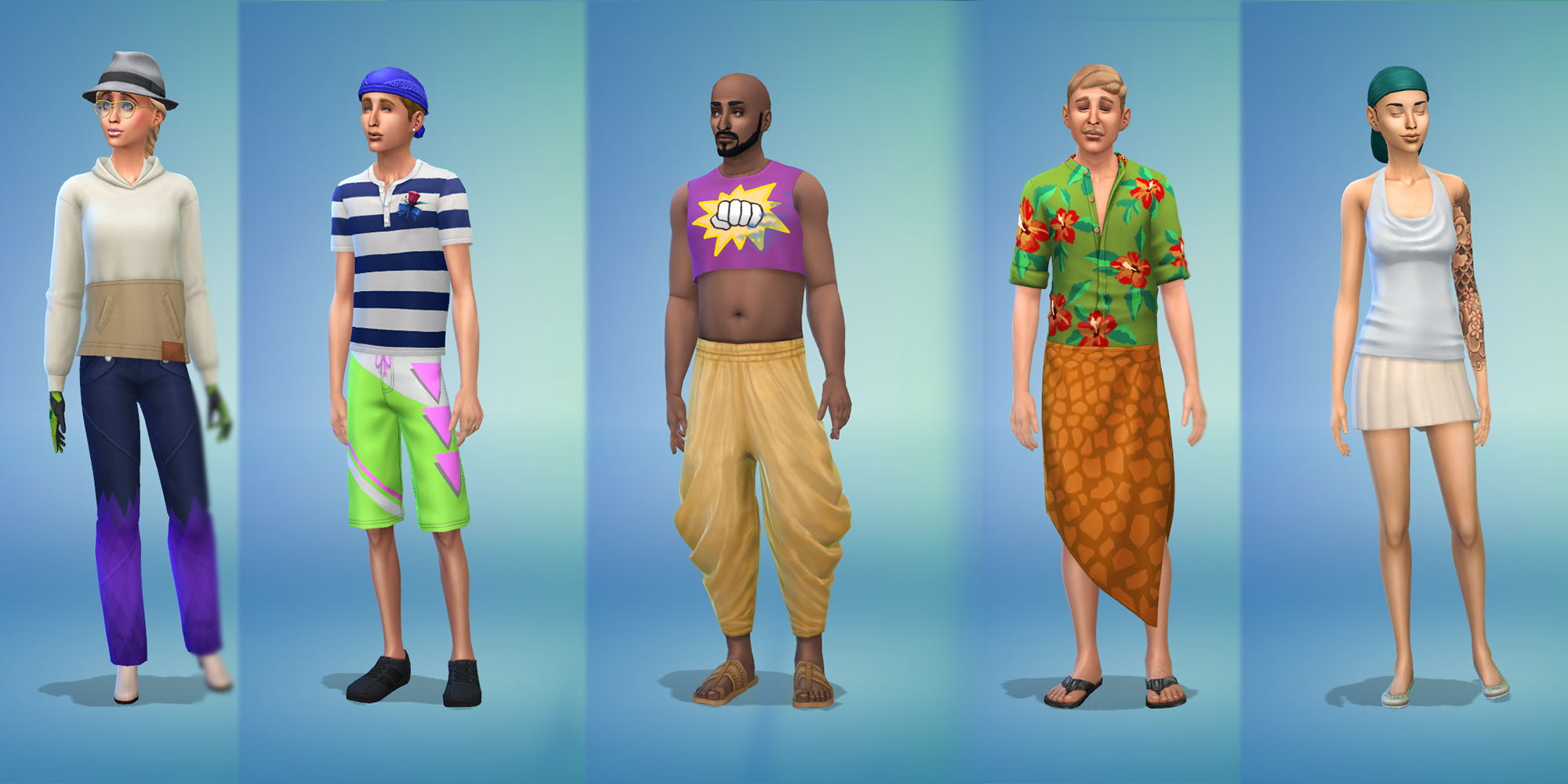 Various base game Sims wearing randomly generated hot and cold weather outfits