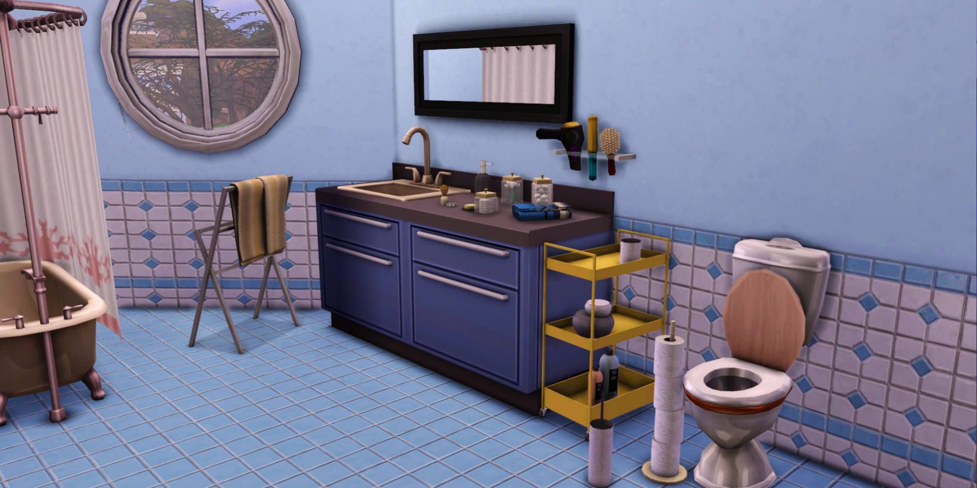 A blue and yellow bathroom showing the clutter CC, including a trolley, toilet paper holder, and various counter items