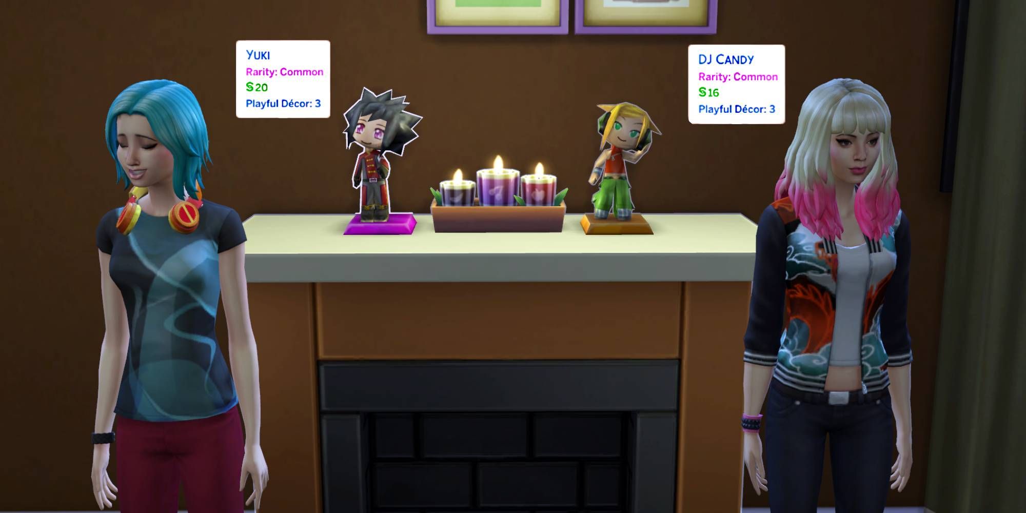 Candy and Yuki Behr standing with their MySims trophy selves in front of a fireplace