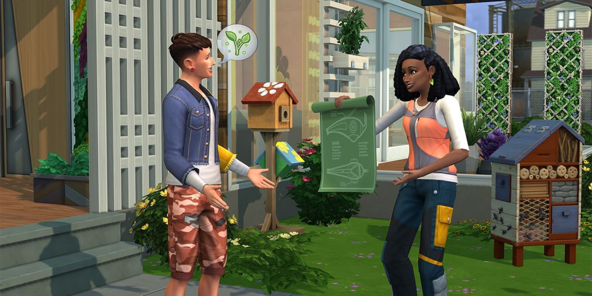 Two Sims discuss plans for eco living in The Sims 4: Eco Lifestyle