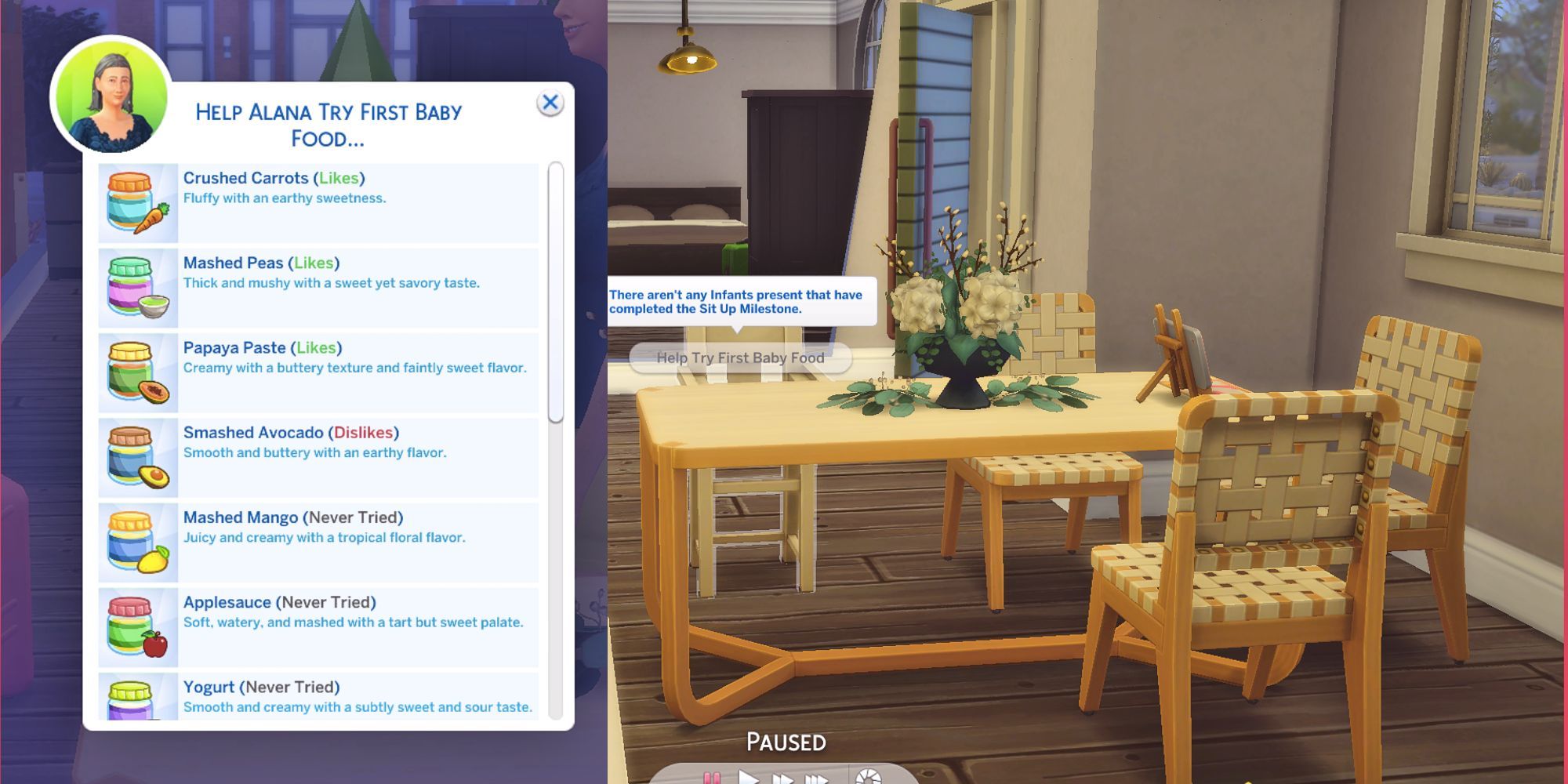 The Sims 4 grow together, first baby food on high chair