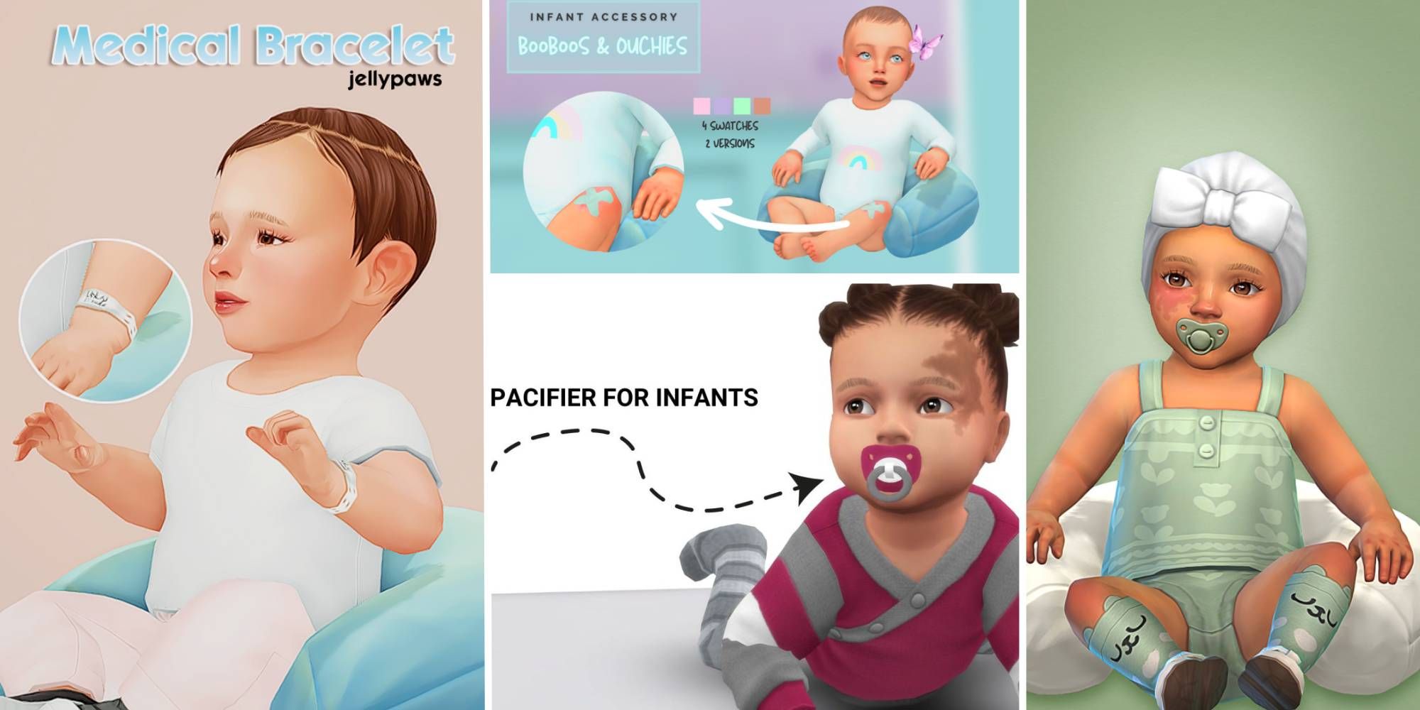 Various CAS accessories for infants in The Sims 4, including pacifiers and bandaids.