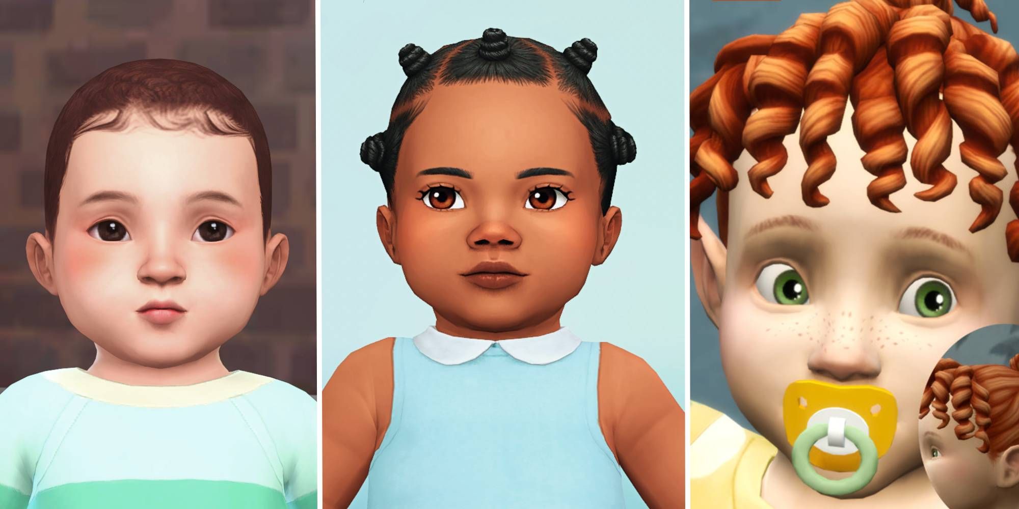 Various CC hairs for infants in The Sims 4, including Bantu knots and wispy hairstyles.