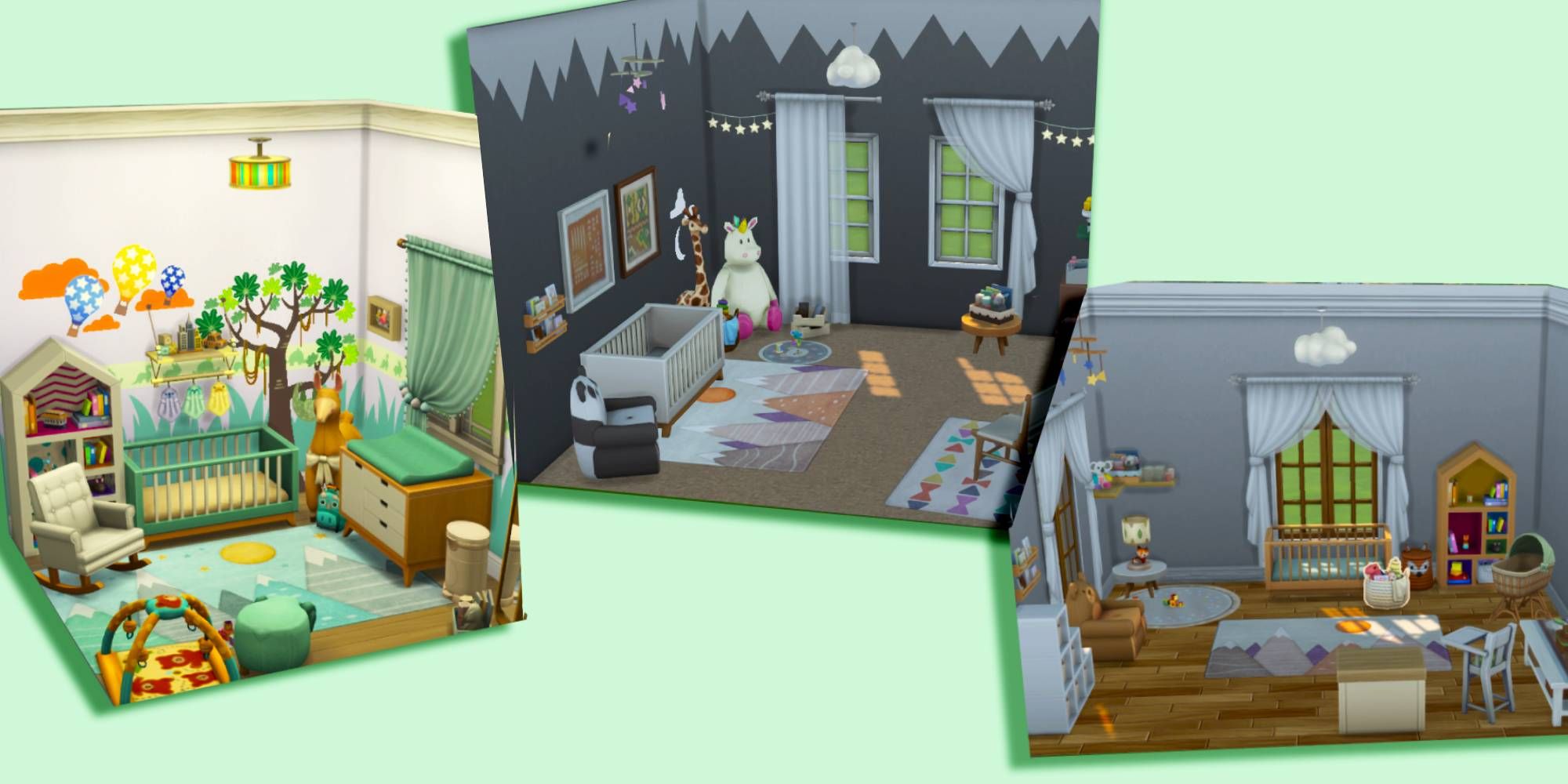 Three rooms for infants in The Sims 4. A colorful one, a grey and neutral one, and a gender neutral one.