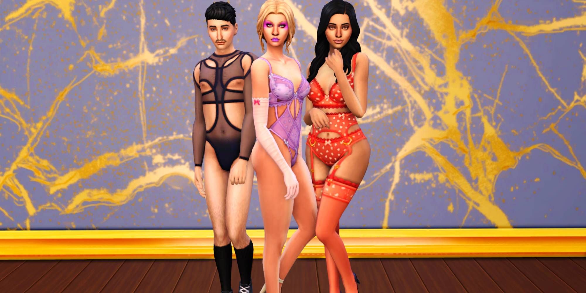 Three Sims wearing items from the CC set in black, purple, and red