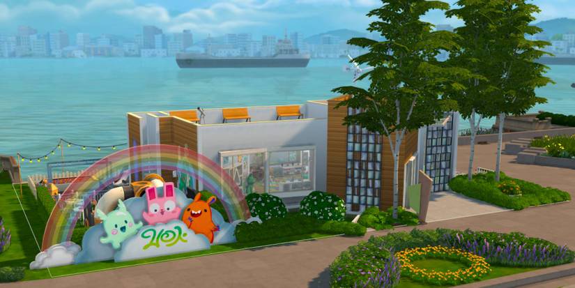 A daycare lot in The Sims 4 with a sign in the front that has three characters under a rainbow