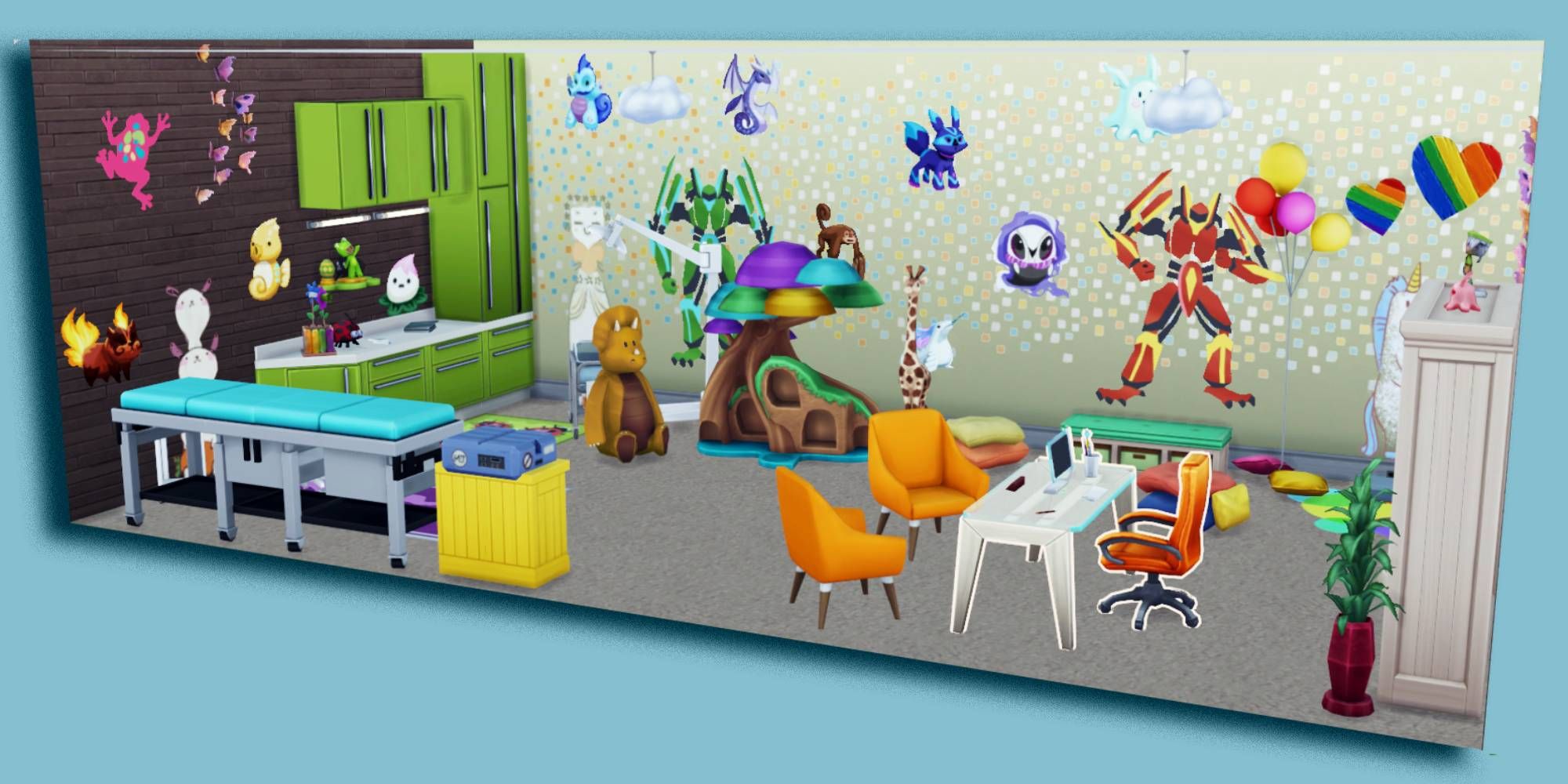 A colorful and bright pediatrician's office room that players can download from the Gallery