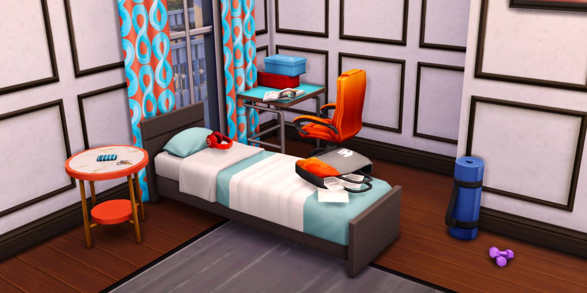 The Sims 4 Simkoos Clutter Dump Set displayed in a bedroom with blue and orange coloring