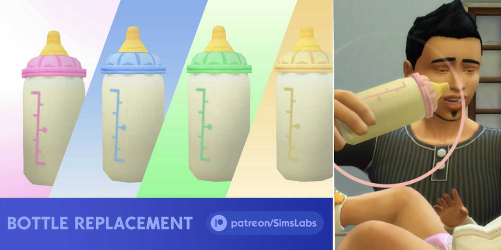 The default baby bottle replacement in The Sims 4 by Sims labs, with a sim holding a baby bottle