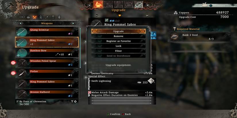 The upgrade menu in Wo Long Fallen Dynasty